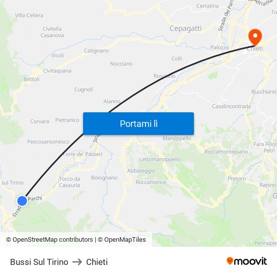 Bussi Sul Tirino to Chieti map