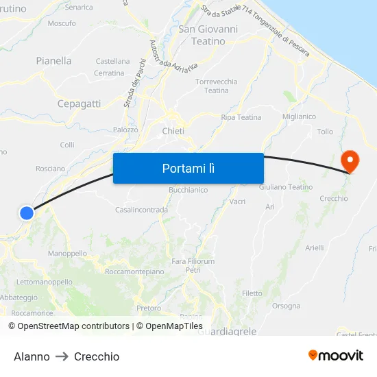 Alanno to Crecchio map