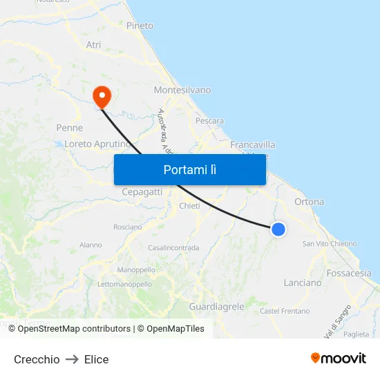 Crecchio to Elice map