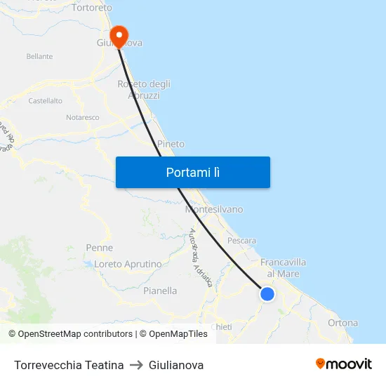 Torrevecchia Teatina to Giulianova map