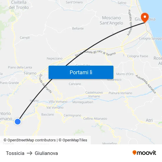Tossicia to Giulianova map