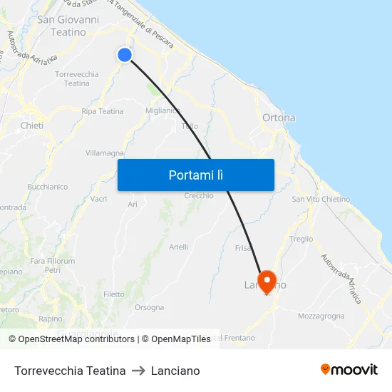 Torrevecchia Teatina to Lanciano map