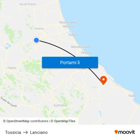 Tossicia to Lanciano map