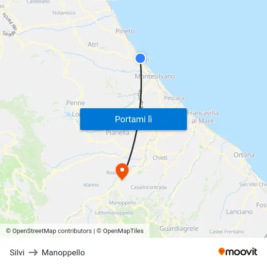 Silvi to Manoppello map