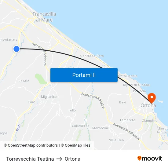 Torrevecchia Teatina to Ortona map