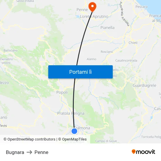 Bugnara to Penne map