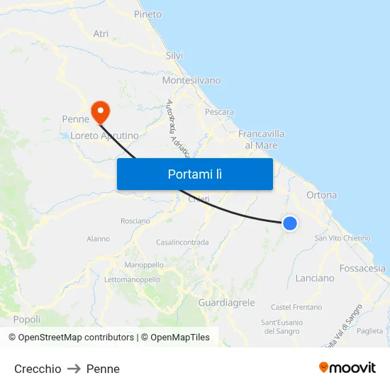 Crecchio to Penne map