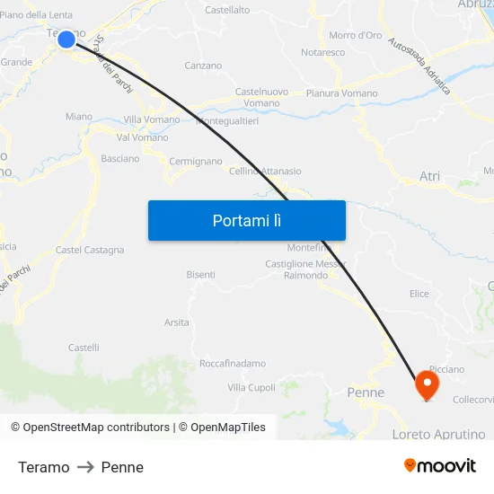 Teramo to Penne map