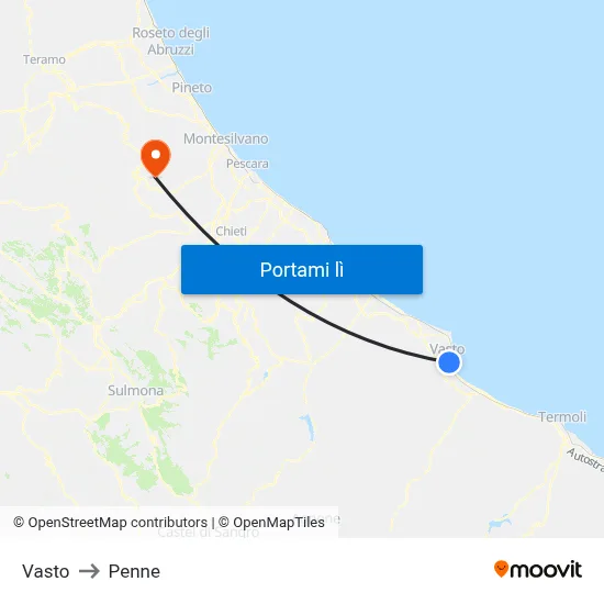 Vasto to Penne map
