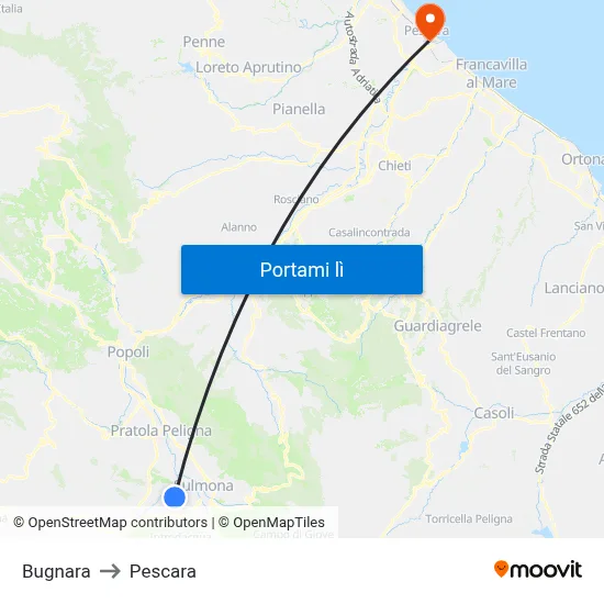Bugnara to Pescara map