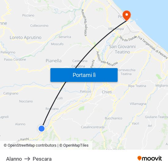 Alanno to Pescara map