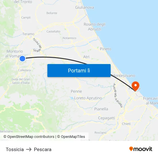 Tossicia to Pescara map