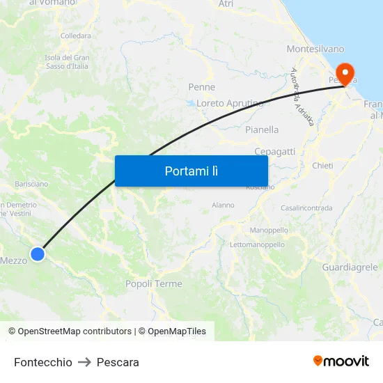 Fontecchio to Pescara map