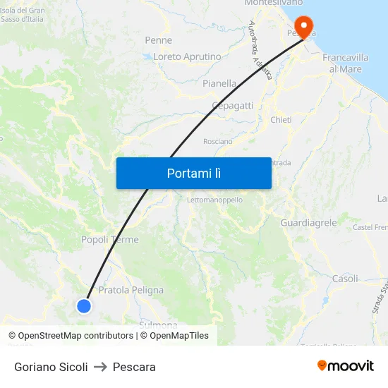 Goriano Sicoli to Pescara map