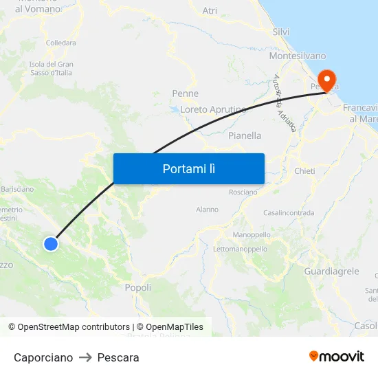 Caporciano to Pescara map