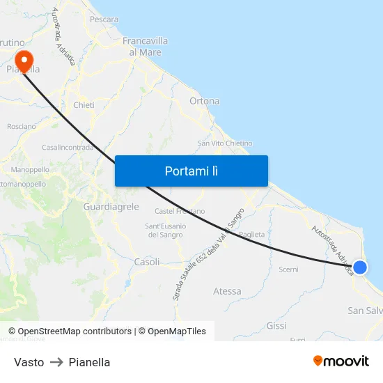 Vasto to Pianella map