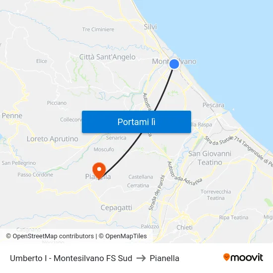 Umberto I - Montesilvano FS Sud to Pianella map