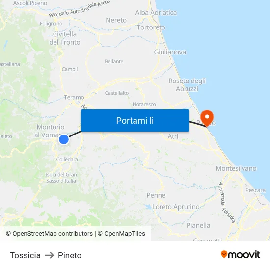 Tossicia to Pineto map