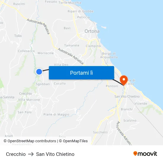Crecchio to San Vito Chietino map