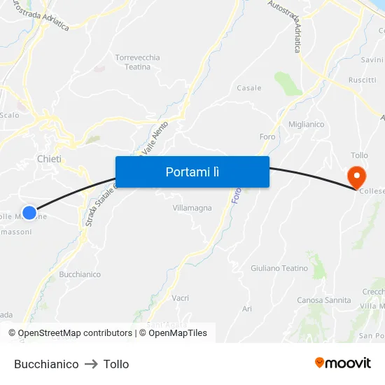 Bucchianico to Tollo map