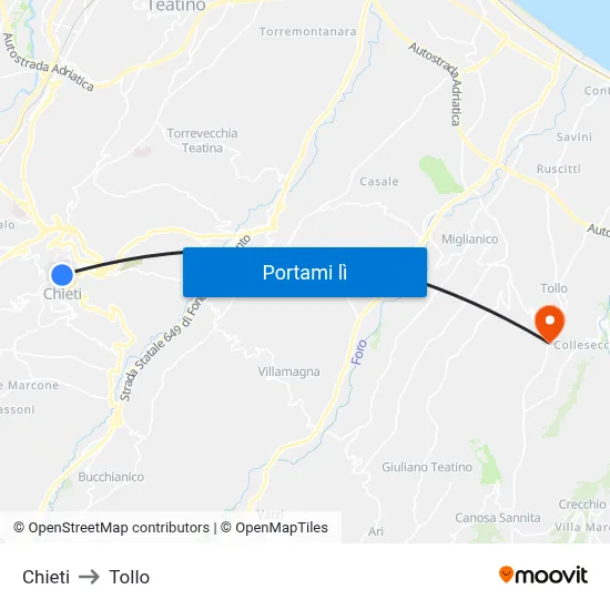 Chieti to Tollo map