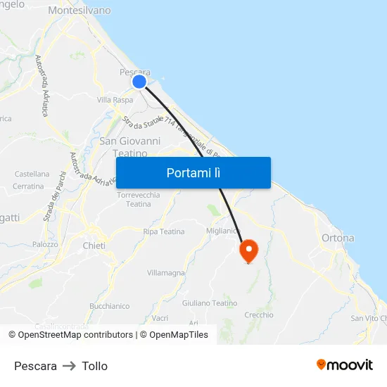 Pescara to Tollo map