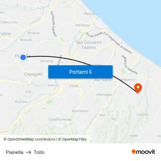Pianella to Tollo map