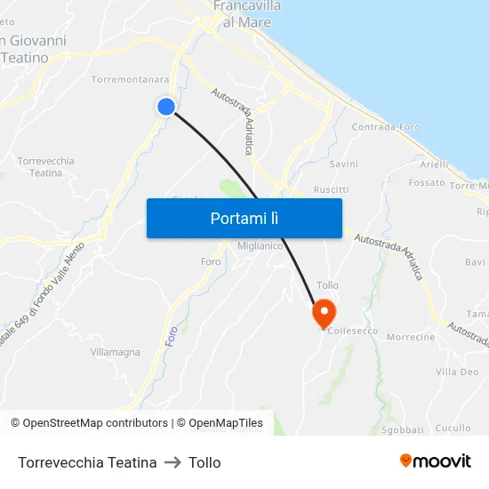 Torrevecchia Teatina to Tollo map
