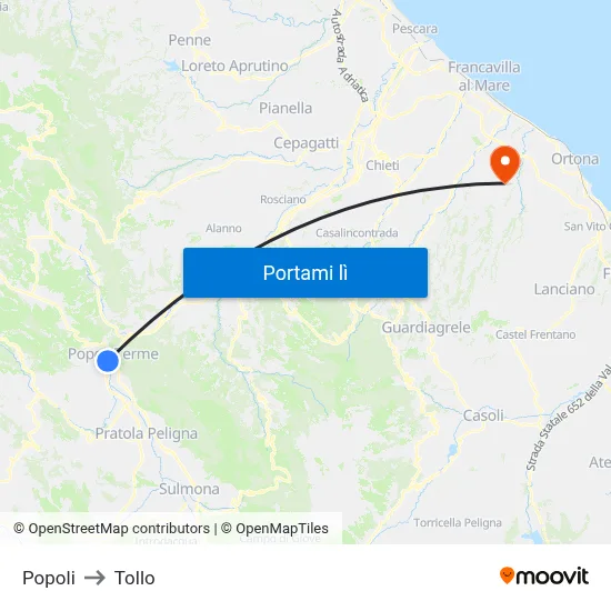 Popoli to Tollo map