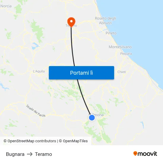 Bugnara to Teramo map