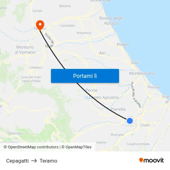 Cepagatti to Teramo map