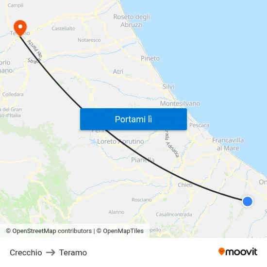 Crecchio to Teramo map