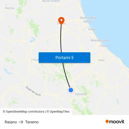 Raiano to Teramo map