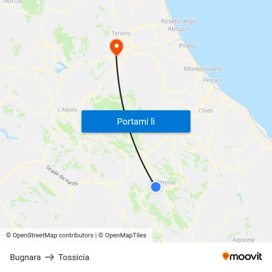 Bugnara to Tossicia map