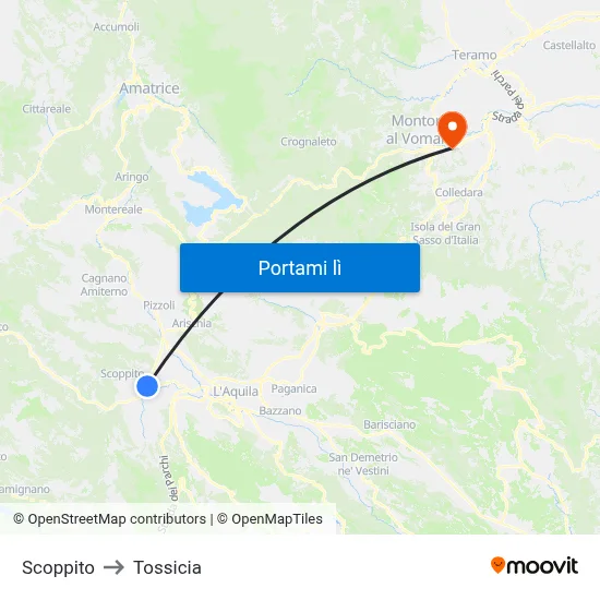 Scoppito to Tossicia map