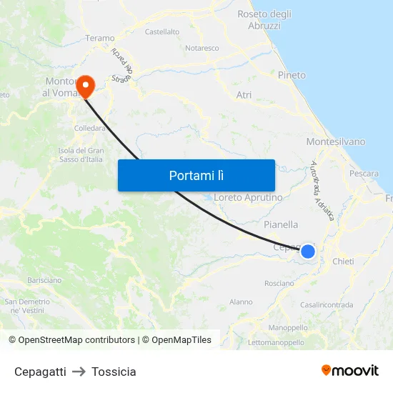 Cepagatti to Tossicia map
