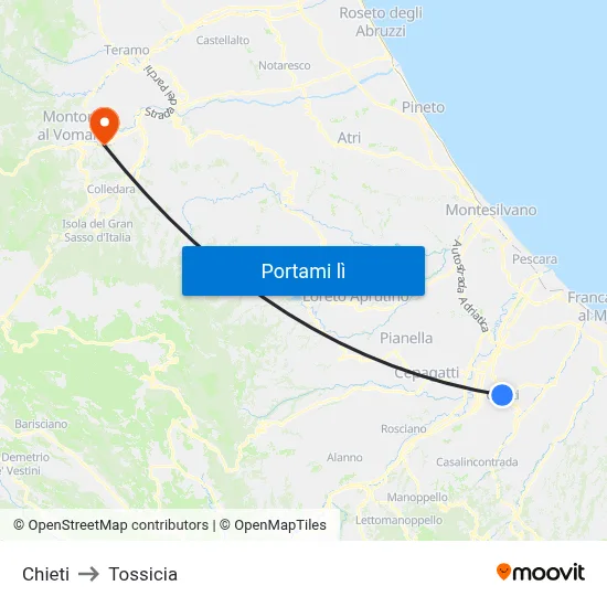 Chieti to Tossicia map