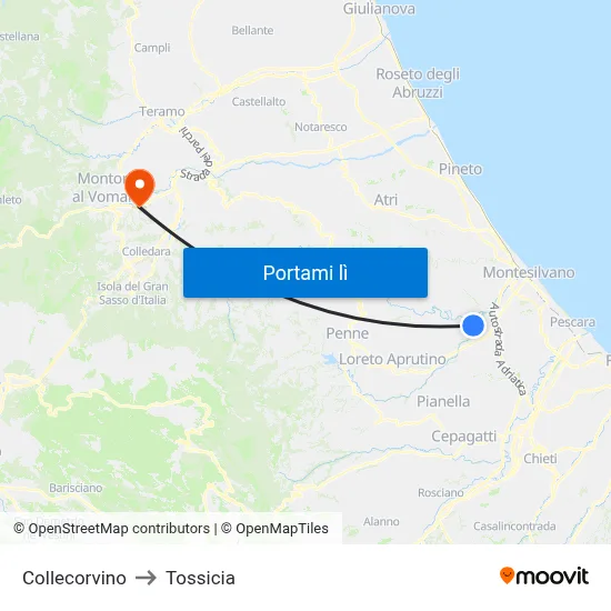 Collecorvino to Tossicia map