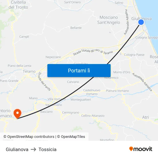 Giulianova to Tossicia map