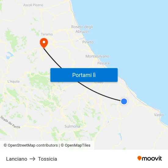 Lanciano to Tossicia map