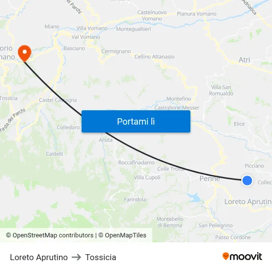 Loreto Aprutino to Tossicia map