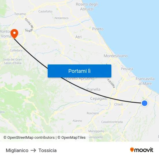 Miglianico to Tossicia map