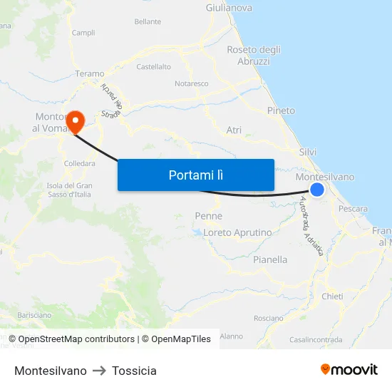 Montesilvano to Tossicia map