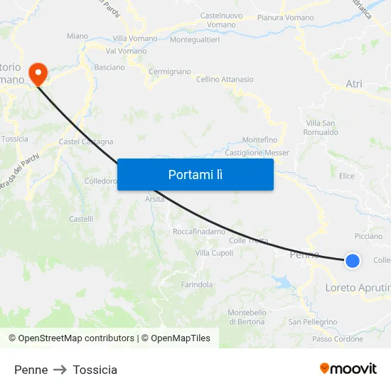 Penne to Tossicia map