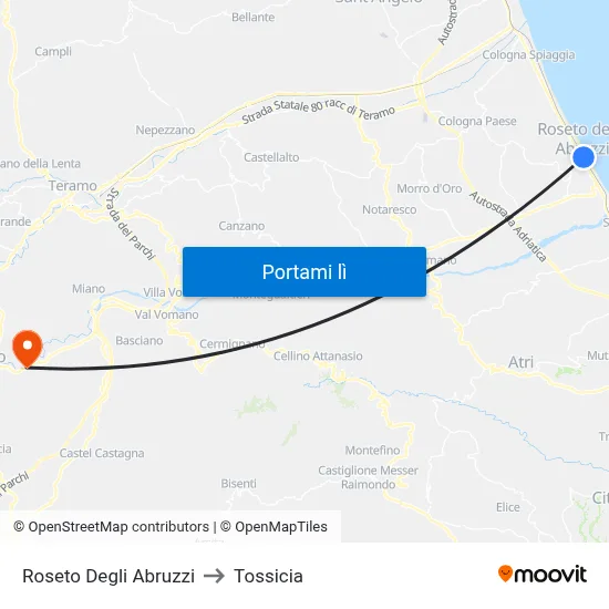 Roseto Degli Abruzzi to Tossicia map