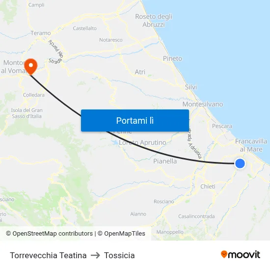 Torrevecchia Teatina to Tossicia map