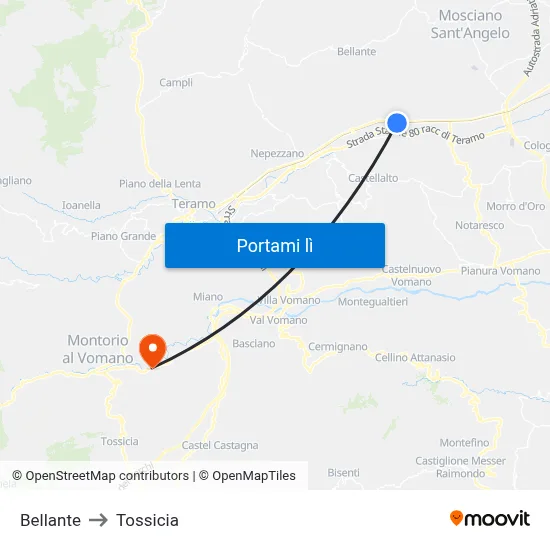 Bellante to Tossicia map