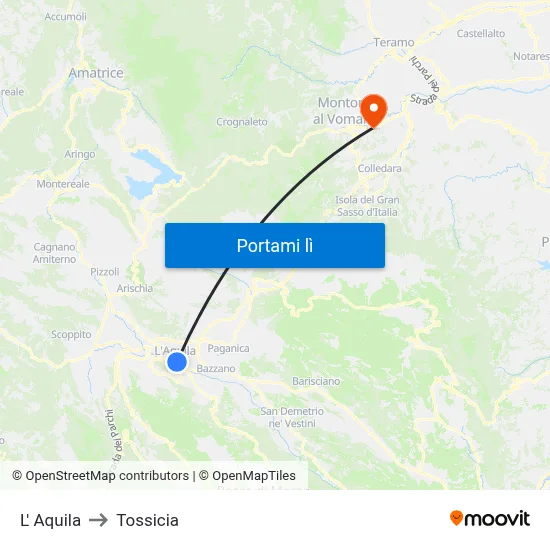 L' Aquila to Tossicia map