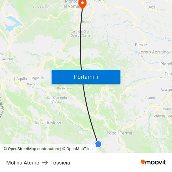 Molina Aterno to Tossicia map