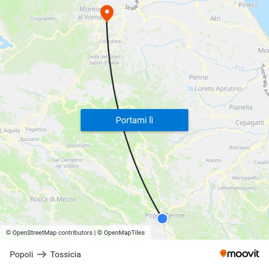Popoli to Tossicia map
